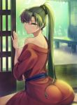 1girl bare_shoulders barefoot blurry breasts depth_of_field fire_emblem fire_emblem:_rekka_no_ken forest from_behind green_eyes green_hair hairband hand_on_own_stomach hand_up indoors japanese_clothes kimono long_hair looking_at_viewer looking_back lyndis_(fire_emblem) nature off_shoulder open_clothes open_door open_kimono ponytail rain sash shinon_(tokage_shuryou) shiny shiny_skin sideboob sitting sliding_doors solo tatami wariza water wet wooden_floor 
