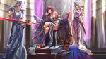  2boys 2girls anklet bare_shoulders barefoot blue_hair crossed_legs fate/grand_order fate/stay_night fate_(series) helmet highres jewelry lance lancer long_hair multiple_boys multiple_girls polearm purple_hair scathach_(fate/grand_order) sitting standing sword tattoo thighs throne toe_ring toeless_socks toes toga tribal_tattoo ushas weapon 