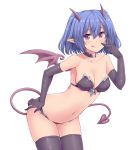  1girl :q bare_shoulders bent_over black_gloves black_legwear blue_hair blush breasts cleavage collar collarbone commentary_request cowboy_shot demon_girl demon_horns demon_tail demon_wings elbow_gloves gloves hand_on_hip hasu_(hk_works) horns leaning_forward looking_at_viewer navel original pointy_ears short_hair sideboob solo tail thigh-highs tongue tongue_out v violet_eyes white_background wings 
