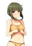  1girl 3: ahoge bangs bare_shoulders blush brown_eyes camisole camisole_lift collarbone don_(29219) eyebrows eyebrows_visible_through_hair green_hair kantai_collection lifted_by_self looking_at_viewer midriff navel panties short_hair short_hair_with_long_locks sidelocks simple_background solo strap_slip takanami_(kantai_collection) twitter_username underwear underwear_only white_background 