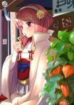  1girl 2016 bangs blurry blush cape chinese_lantern coin_(ornament) dango dated depth_of_field eating eyebrows eyebrows_visible_through_hair fire_emblem fire_emblem_if food hair_ornament hairband holding holding_food japanese_clothes kero_sweet knot long_sleeves motion_blur pink_hair plant potted_plant ribbon_trim sakura_(fire_emblem_if) sanshoku_dango sash shade signature solo star tassel violet_eyes wagashi white_cape wide_sleeves wind_chime wooden_wall 