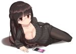  1girl bad_anatomy breasts brown_hair cellphone cleavage glasses highres large_breasts long_hair looking_at_viewer lying on_side original pantyhose phone red_eyes ribbed_sweater simple_background smartphone solo sweater tigersaber white_background 