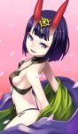  1girl bob_cut breasts fate/grand_order fate_(series) from_side horns japanese_clothes kimono looking_at_viewer maruta_kentarou oni oni_horns pale_skin petals pink_background purple_hair short_hair shuten_douji_(fate/grand_order) smile solo violet_eyes 