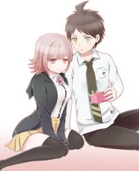  1boy 1girl :o ahoge bangs black_legwear breasts brown_hair cocoro96sukima dangan_ronpa ears gradient gradient_background green_eyes handheld_game_console hinata_hajime hood hoodie nanami_chiaki parted_bangs pink_eyes pink_hair playstation_portable pleated_skirt short_hair simple_background sitting skirt super_dangan_ronpa_2 thigh-highs yokozuwari 