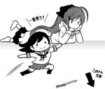  2girls ahoge bangs bow comic elbow_rest hair_bow hair_ornament hairclip hands_on_own_face jumping kantai_collection kappougi long_hair lying mamiya_(kantai_collection) monochrome multiple_girls on_stomach otoufu outstretched_arms pleated_skirt pointer ponytail school_uniform serafuku skirt smile spread_arms translated ushio_(kantai_collection) white_background 