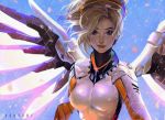  1girl blonde_hair blue_eyes breasts high_ponytail long_hair looking_at_viewer mechanical_halo mechanical_wings mercy_(overwatch) numyumy overwatch solo wings 
