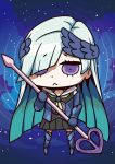  1girl april_fools chibi fate/grand_order fate/prototype fate/prototype:_fragments_of_blue_and_silver fate_(series) headpiece lancer_(fate/prototype_fragments) long_hair polearm riyo_(lyomsnpmp) silver_hair solo violet_eyes weapon 