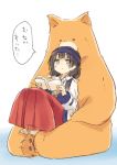  1girl ainu ainu_clothes amayadori_machi bangs barefoot bear black_hair blunt_bangs blush book brown_eyes hair_ribbon hakama headband japanese_clothes kumai_natsu kumamiko long_hair low_twintails miko mokoke reading red_hakama ribbon sitting sitting_on_lap sitting_on_person translated twintails 