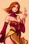  1girl absurdres armor armored_dress bare_shoulders breasts cleavage defense_of_the_ancients detached_sleeves dota_2 dress earrings facepaint gorget highres jewelry jonathan_hamilton lina_inverse_(dota_2) lips purple_dress redhead short_hair smoke solo violet_eyes 