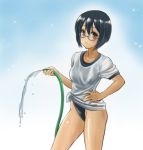  1girl black_hair brown_eyes chaborin competition_swimsuit gym_shirt highleg highleg_swimsuit hose long_hair one-piece_swimsuit original shirt short_hair solo standing swimsuit swimsuit_under_clothes t-shirt tied_shirt water 