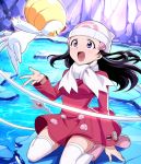  1girl :d arm_at_side beanie black_hair boots breasts coat fingernails floating floating_hair hair_ornament hakka_(88hk88) hat hikari_(pokemon) long_fingernails long_sleeves looking_at_another on_ground open_mouth palms pink_boots pink_coat pokemon pokemon_(creature) pokemon_(game) pokemon_dppt rock scarf sitting smile thigh-highs uxie violet_eyes wariza water white_legwear white_scarf winter_clothes winter_coat 