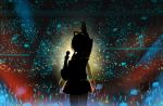  1girl concert crowd highres light_rays long_hair luo_tianyi microphone shintani silhouette skirt solo_focus thigh-highs twintails vocaloid vocanese 