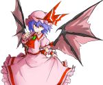  1girl ascot bat_wings blue_hair bow fang hat hat_bow highres kan_(aaaaari35) mob_cap red_eyes remilia_scarlet solo touhou white_background wings 