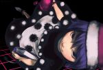  1girl bangs black_background blob blue_eyes blue_hair book breasts closed_mouth doremy_sweet dress floating gengoroumaru_(ambidextrous) grid hair_between_eyes hat holding looking_at_viewer nightcap pom_pom_(clothes) short_hair short_sleeves smile socks solo tail touhou twitter_username 