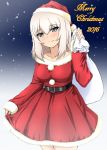  1girl 2016 bag bangs belt blush breasts closed_mouth cowboy_shot cursive diesel-turbo dress english girls_und_panzer hat itsumi_erika light_smile long_hair looking_at_viewer medium_breasts merry_christmas night night_sky oversized_object red_dress red_hat santa_costume santa_hat short_dress skirt_hold sky solo standing 