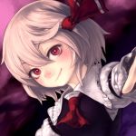  1girl ascot bangs blonde_hair bow closed_mouth darkness eyebrows eyebrows_visible_through_hair fingernails flat_chest gengoroumaru_(ambidextrous) hair_between_eyes hair_bow hair_ribbon long_sleeves looking_at_viewer outstretched_arms red_bow red_eyes ribbon rumia sharp_fingernails shirt short_hair smile smirk solo spread_arms touhou upper_body 