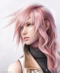  1girl bangs blue_eyes ears eyebrows final_fantasy final_fantasy_xiii jason_peng jewelry lightning_farron lips long_hair looking_to_the_side necklace nose pink_hair pink_lips realistic solo swept_bangs turtleneck 