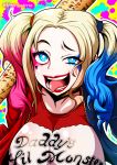  1girl batman_(series) blonde_hair blue_eyes blue_hair breasts dc_comics harley_quinn heart kyouran_souryuu large_breasts long_hair multicolored_hair pink_hair raised_eyebrow smile solo suicide_squad tongue twintails twitter_username upper_body 