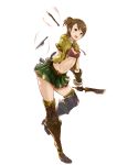  1girl :d absurdres alternate_costume arm_at_side arm_behind_back bangs belt boots breasts brooch brown_boots brown_eyes brown_gloves brown_hair cleavage crop_top cross-laced_legwear eyebrows eyebrows_visible_through_hair full_body futami_ami gloves granblue_fantasy green_skirt highres holding holding_sword holding_weapon idolmaster jacket jewelry knife looking_at_viewer miniskirt navel necktie open_mouth pleated_skirt red_necktie short_hair short_necktie short_sleeves short_sword side_ponytail simple_background skirt smile solo standing standing_on_one_leg stomach swept_bangs sword thigh-highs thigh_boots tossing weapon white_background wrist_cuffs yatsuka_(846) yellow_jacket 