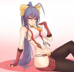  1girl antenna_hair backless_outfit bangs blazblue blazblue_variable_heart blue_hair blush bow breasts covered_nipples female fingerless_gloves genderswap genderswap_(mtf) gloves groin hair_between_eyes hair_bow highres kubo_(artist) large_breasts long_hair looking_at_viewer mai_natsume navel no_bra no_panties ponytail red_eyes revealing_clothes ribbon sideboob sidelocks sitting smile solo very_long_hair violet_eyes 
