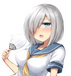  1girl blue_eyes blush breasts don_(29219) fan hair_ornament hair_over_one_eye hairclip hamakaze_(kantai_collection) hot kantai_collection large_breasts looking_at_viewer neckerchief no_gloves open_mouth paper_fan school_uniform serafuku short_hair short_sleeves silver_hair simple_background solo sweat upper_body white_background 