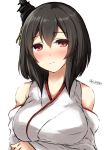  1girl black_hair blush breast_hold detached_sleeves don_(29219) hair_ornament japanese_clothes kantai_collection nontraditional_miko red_eyes short_hair solo twitter_username wide_sleeves yamashiro_(kantai_collection) 