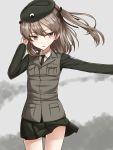  1girl absurdres beret black_necktie black_skirt brown_eyes brown_hair collared_shirt cowboy_shot girls_und_panzer half_updo hand_in_hair hat highres long_hair long_sleeves military military_uniform necktie outstretched_arm parted_lips pleated_skirt rabochicken ribbon shimada_arisu shirt skirt small_breasts solo twintails two_side_up uniform vest 