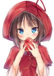  1girl apple blue_eyes blush brown_hair capelet character_request copyright_request fang food fruit holding holding_fruit hood looking_at_viewer mokoke open_mouth ribbon simple_background sketch solo white_background 