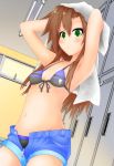  1girl absurdres armpits bra breasts brown_hair front-tie_top green_eyes highres if_(choujigen_game_neptune) kyou long_hair navel neptune_(series) solo towel underwear 