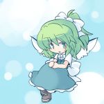  1girl 216 :d ascot blue_background blue_dress blush bow chibi daiyousei dress eyebrows eyebrows_visible_through_hair fairy_wings frilled_dress frills full_body green_eyes green_hair hair_bow light_particles looking_at_viewer open_mouth shoes short_hair side_ponytail simple_background smile solo touhou wings 