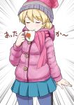  1girl absurdres blonde_hair commentary_request cup darjeeling floral_print girls_und_panzer hat highres holding hood hooded_jacket jacket okitsugu pleated_skirt scarf skirt smile solo teacup translation_request 