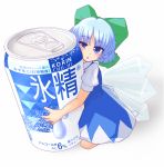  1girl blue_dress blue_eyes blue_hair blush can cirno dress dutch_angle fairy hair_ribbon hensheru ice ice_wings minigirl open_mouth puffy_sleeves ribbon short_hair short_sleeves simple_background sitting solo touhou white_background wings 