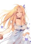  1girl bare_arms bare_shoulders blonde_hair breasts choker cleavage collarbone dress hair_ornament hairclip highres holding_hands large_breasts long_hair open_mouth original pov pov_hands smile solo_focus suisai. very_long_hair white_dress zhan_jian_shao_nyu 