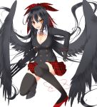  &gt;:o 1girl :o alternate_costume arm_cannon bird_wings black_gloves black_hair black_legwear black_wings blazer blush bow breasts cleavage commentary_request detached_collar fangs gloves gmot hair_bow high_heels highres jacket kneeling large_breasts long_hair long_sleeves looking_at_viewer miniskirt mismatched_footwear neck_ribbon open_mouth plaid plaid_bow plaid_skirt radiation_symbol red_bow red_eyes red_ribbon red_skirt reiuji_utsuho ribbon skirt solo symbol-shaped_pupils thigh-highs third_eye touhou tsurime weapon white_background wings zettai_ryouiki 