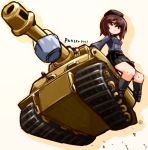  1girl bangs black_legwear black_shoes black_skirt brown_eyes brown_hair bucket caterpillar_tracks chibi dress_shirt from_below garrison_cap girls_und_panzer grey_shirt ground_vehicle hat karukan_(monjya) loafers long_sleeves looking_at_viewer military military_vehicle miniskirt motor_vehicle nishizumi_maho pleated_skirt school_uniform shirt shoes short_hair sidesaddle sitting skirt socks solo tank tiger_i 