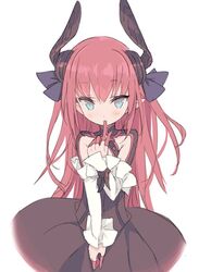  1girl black_dress black_ribbon blade_(galaxist) blue_eyes blush copyright_request cowboy_shot detached_sleeves dress fate/extra fate/extra_ccc fate/grand_order fate_(series) finger_to_mouth frilled_sleeves frills hair_ribbon horns lancer_(fate/extra_ccc) long_hair long_sleeves looking_at_viewer pointy_ears redhead ribbon simple_background solo very_long_hair white_background wrist_cuffs 