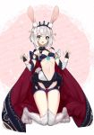  1girl animal_ears blue_eyes breasts cape cleavage kneeling looking_at_viewer mins_(minevi) navel open_mouth original rabbit_ears short_hair small_breasts solo white_hair 
