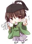  1boy brown_eyes brown_hair chibi gohei hakama hat ishikirimaru japanese_clothes male_focus open_mouth solo suzushirokei touken_ranbu 