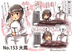  /\/\/\ 1boy 1girl admiral_(kantai_collection) blush blush_stickers brown_eyes brown_hair character_name closed_mouth commentary_request epaulettes eyebrows eyebrows_visible_through_hair hands_on_another&#039;s_head hug hug_from_behind kantai_collection kotatsu long_sleeves motion_lines number open_mouth short_hair smile speech_bubble suzuki_toto table taihou_(kantai_collection) tears television translation_request twitter_username 