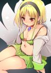  1girl blonde_hair breasts choker cleavage flower_knight_girl green_skirt hairband jacket jewelry looking_at_viewer mg_kurino red_eyes short_hair sitting skirt solo tachibana_(flower_knight_girl) 