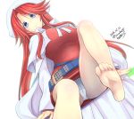  1girl aty_(summon_night) bare_legs belt beret blue_eyes blush breasts cape commentary_request dated dress feet hat knee_up large_breasts long_hair long_sleeves looking_at_viewer no_glasses panties pantyshot pantyshot_(sitting) red_sweater redhead ribbed_sweater shigemiya_kyouhei short_dress sidelocks signature sitting smile solo summon_night summon_night_3 sweater sweater_dress twitter_username underwear white_background white_panties 