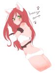  1girl animal_ears ass back bare_back bare_shoulders belt blush breasts cat_ears cowboy_shot green_eyes hair_between_eyes hand_in_hair katarina_du_couteau kitty_cat_katarina league_of_legends long_hair looking_down otani_(kota12ro08) paw_print pun redhead scar simple_background solo strapless thighs twitter_username 