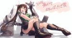  1girl :d aircraft ass black_gloves boots brown_eyes brown_hair gloves kantai_collection long_hair open_mouth remodel_(kantai_collection) sitting smile solo star star-shaped_pupils symbol-shaped_pupils teeth tone_(kantai_collection) torpedo twintails yomo_(majidon) 