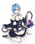  1girl apron ball_and_chain blue_eyes blue_hair bow breasts chain cleavage detached_collar detached_sleeves dress flail frilled_dress frills hair_ornament hair_over_one_eye holding holding_weapon kether looking_at_viewer maid maid_apron maid_headdress mary_janes pantyhose re:zero_kara_hajimeru_isekai_seikatsu rem_(re:zero) ribbon-trimmed_clothes ribbon-trimmed_collar ribbon_trim shoes short_hair sitting solo spiked_mace underbust wariza weapon white_legwear x_hair_ornament 