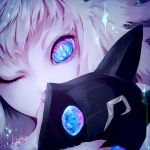  1girl blue_eyes claws eyelashes fingernails humanization kakip kindred lamb_(league_of_legends) league_of_legends long_hair looking_at_viewer mask mask_removed one_eye_closed sharp_fingernails signature solo white_hair 