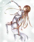  1girl asuna_(sao) breastplate brown_eyes brown_hair highres holding holding_sword holding_weapon inushi long_hair pleated_skirt red_skirt skirt solo sword sword_art_online thigh-highs weapon white_legwear 