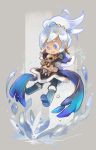 1girl :d aa2233a animal blue_eyes boots cape capelet coat dark_skin deer earrings freckles freljord_taliyah full_body happy highres holding_animal jewelry knee_boots league_of_legends long_hair looking_at_another looking_down open_mouth ponytail scarf signature smile solo taliyah white_hair winter_clothes 