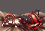  1girl :p absurdres artist_request black_hair breasts clock_eyes date_a_live gothic_lolita highres lolita_fashion long_hair lying on_stomach panties panties_around_one_leg red_eyes solo symbol-shaped_pupils tokisaki_kurumi tongue tongue_out underwear 