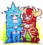  2girls :&lt; anivia armor blue_boots blue_eyes blue_hair blush boots breasts cleavage closed_eyes crossed_arms dual_persona frown gem grey_skin hair_between_eyes hands_on_own_chest happy headgear headpiece heart hips irritated knees_together_feet_apart league_of_legends long_hair midriff multiple_girls navel open_mouth otani_(kota12ro08) personification ponytail red_boots redhead shyvana smile very_long_hair 