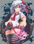  1girl adapted_costume ascot bat_wings belt cowboy_shot dress hat hat_ribbon lavender_hair looking_at_viewer mob_cap navel pointy_ears red_dress remilia_scarlet ribbon shorts smile solo striped striped_legwear suspender_shorts suspenders suspenders_slip thigh-highs thighs touhou uumaru1869 wings 